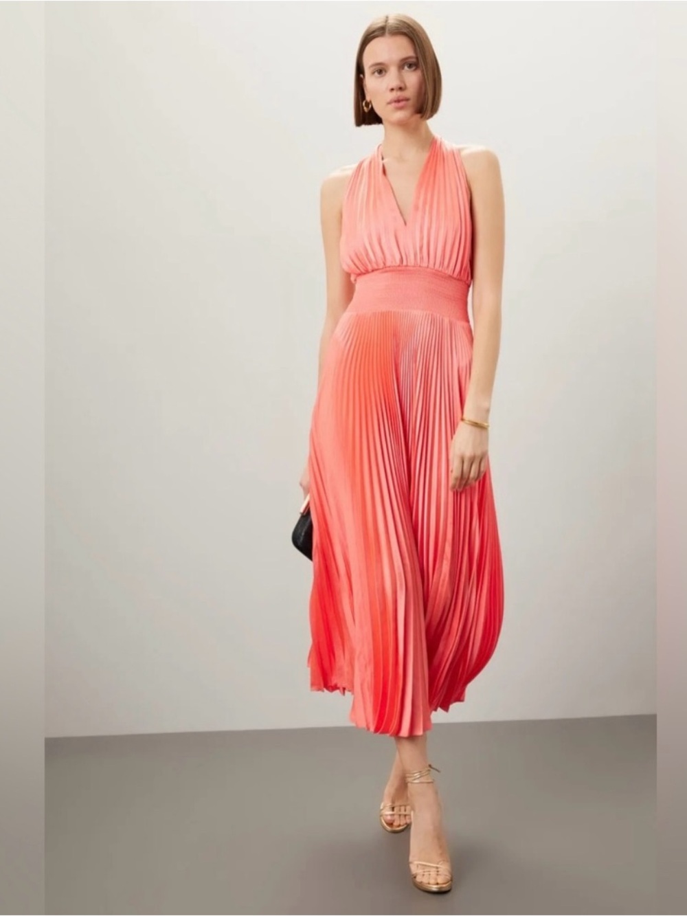 ALC Rose Pleated Coral Halter Midi Dress